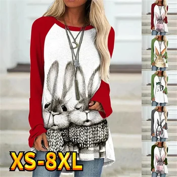 Женская футболка, футболка с изображением кролика Catoon, рисунок выходного дня, принт с длинным рукавом, круглый вырез, Базовые топы XS-8XL