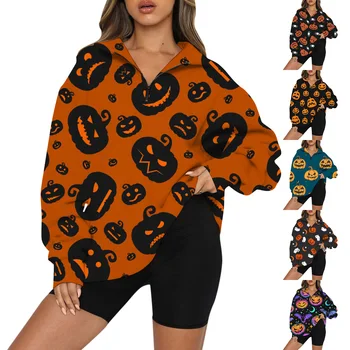 Женские свитера на молнии с принтом тыквы на Хэллоуин, рубашки с длинным рукавом, женские рубашки с коротким рукавом и V-образным вырезом
