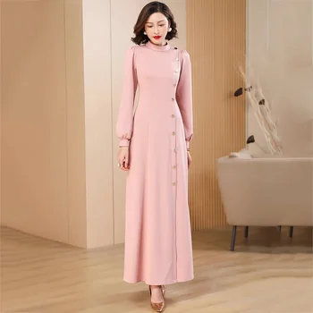 Новое женское розовое длинное платье, весна-осень, модный дизайн с пуговицами, воротник-стойка, рукав-фонарь, элегантная милая длина.