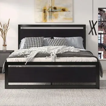 Полноразмерный каркас кровати с современным деревянным изголовьем/Металлическая кровать на тяжелой платформе