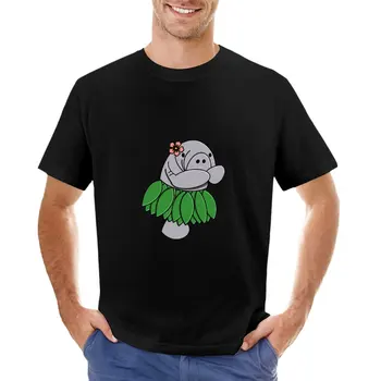 Симпатичный серый ламантин в юбке из травы и футболке с цветком гибискуса, футболка оверсайз, топы больших размеров, рубашки с кошками, мужская одежда